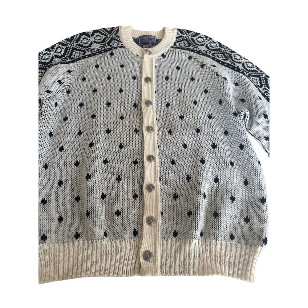 Vintage Pendleton 100% Virgin Wool Nordic Cardigan Sweater XL USA Black Ivory - Picture 4 of 11